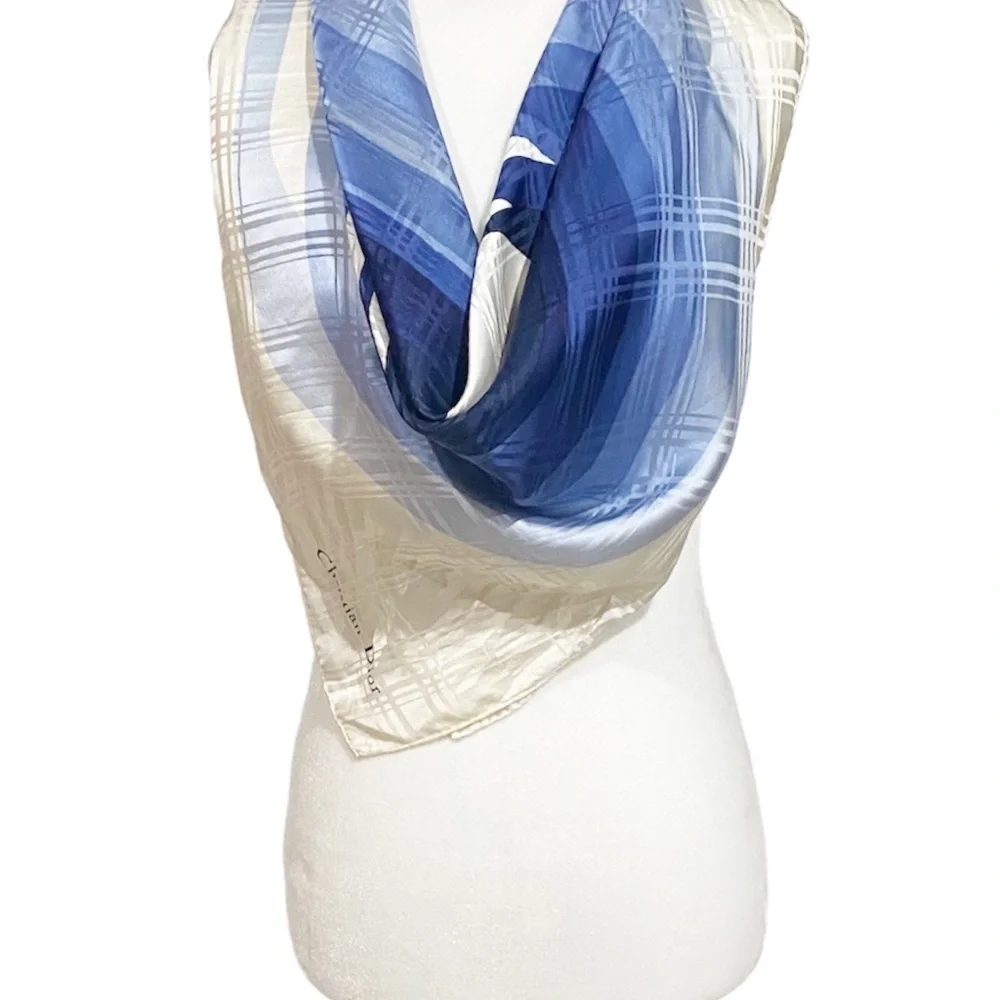 AUTHENTICATED DIOR Silk Scarf D Logo Navy Blue White Top Bandana Bag Sarong
